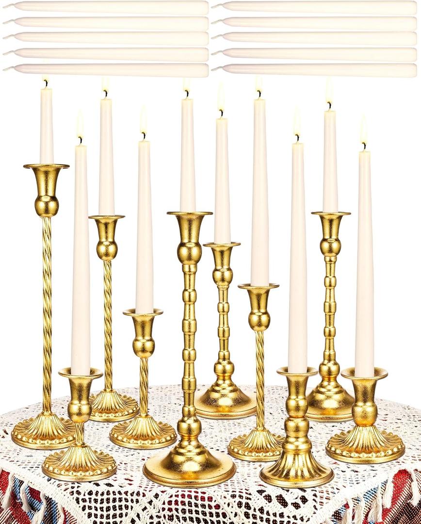 Suclain 24 Pcs Brass Gold Candlestick Holders and Taper Candles Set 12 Vintage Taper Holders with 12 Tall Candles Decorative Candlestick Modern Centerpiece for Wedding Birthday Halloween Christmas