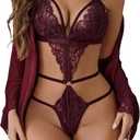 Avidlove Women Sexy Lingerie Set 2 Piece Lace Teddy with Mesh Kimono Robe Bodysuit Nightgown (M)