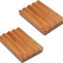 Teak Soap Dish for Shower Pack of 2 by HTB, Wood Decorative Bath Soap Holder Heightened Base Design to Keep Soap Dry in Kitchen, Bathroom, Sink, Bathtub, Wooden Soap Saver for Hand Face Shampoo Bar