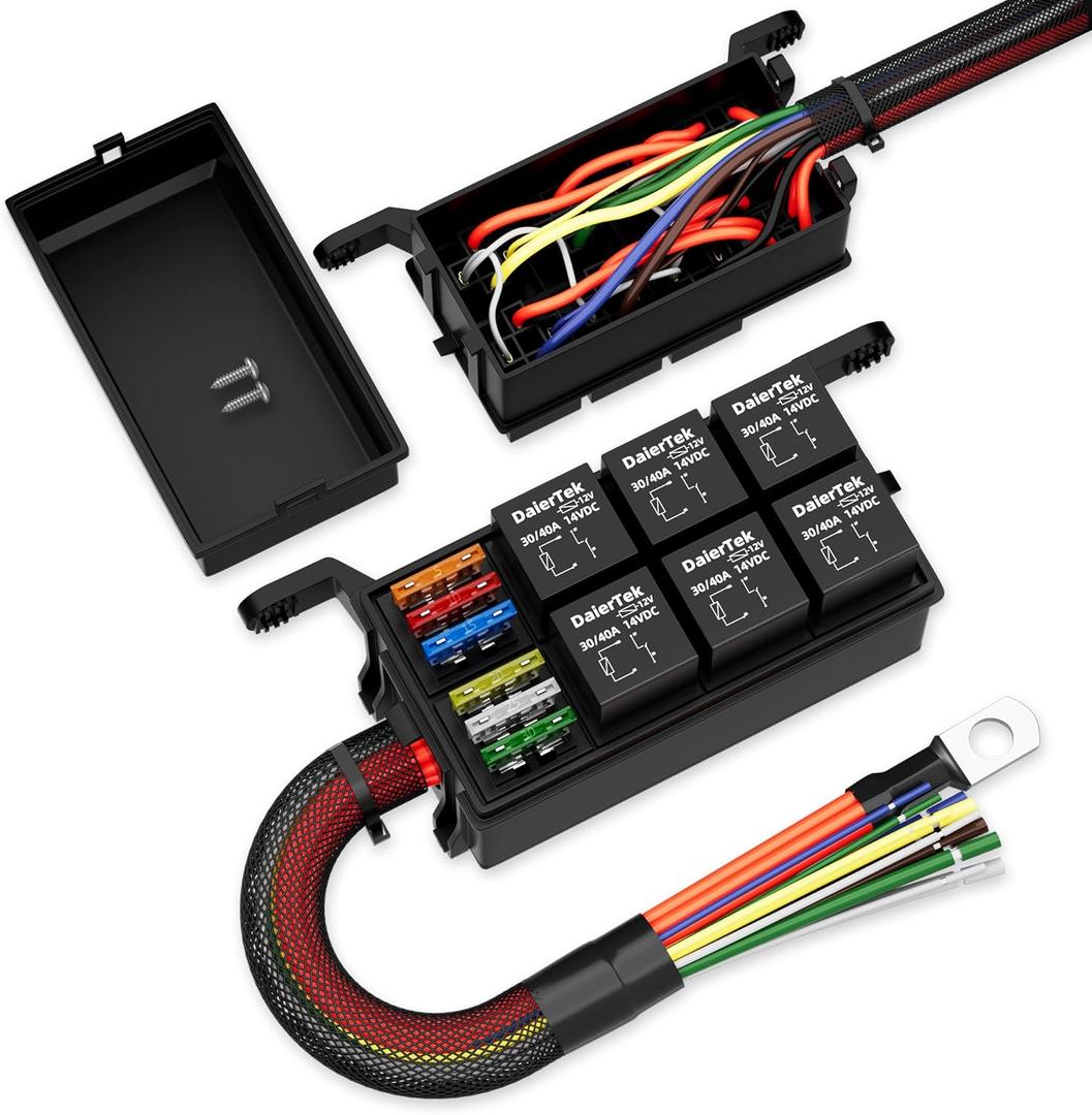 DaierTek 12V Relay Box 6 Way12 AWG Pre-Wired Waterproof Relay Box 6 Slot ATC/ATO Fuse Relay Block Universal Relay Panel for Automotive Car Marine Boat