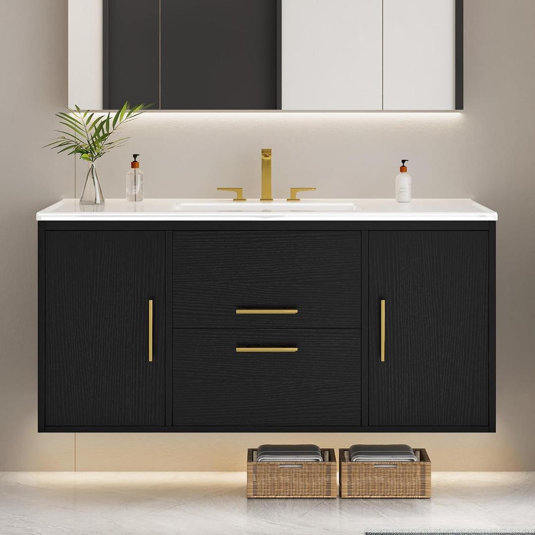 YITAHOME 36 Inch Floating Bathroom Vanity with Three Holes Sink, Wall Mounted Cabinet with 2 Storage Cabinets & 2 Drawers, Undermount Ceramic Basin, Black