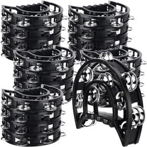 Boao 20 Pcs Double Row Tambourine Half Moon Double Row Metal Jingles Hand Held Instruments Percussion with Handle Grip for Adults, KTV, Party(Black)