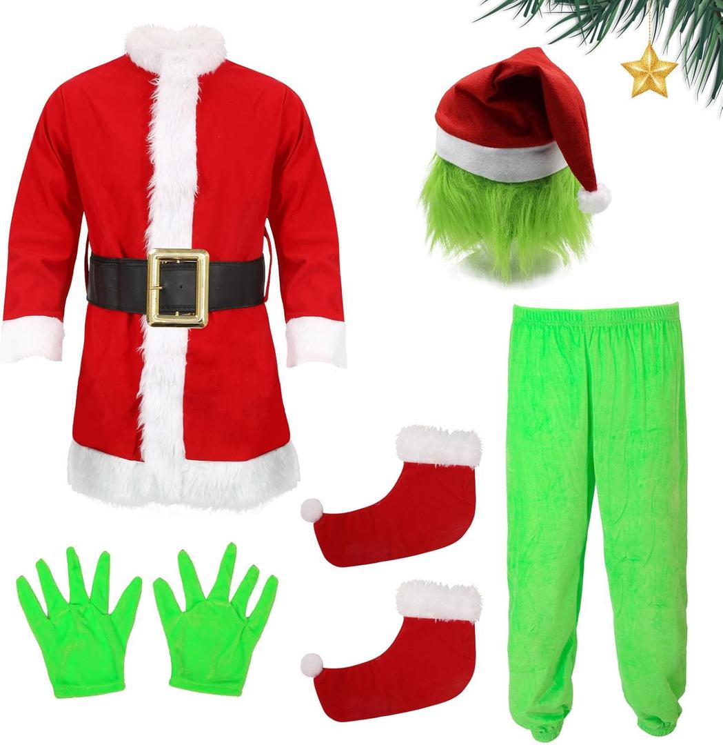 Green Costumes Kids 5Pcs Costume Long Sleeve Hooded Top and Pants Sets Green Monster Christmas Outfits (S/4-5Y)