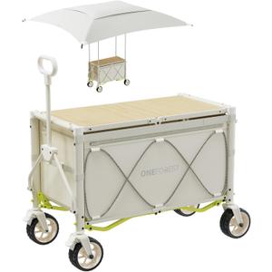 ONEFOREST Collapsible Wagon Cart with Canopy Tent, Portable Large Capacity Foldable Wagon Cart, Heavy Duty Garden Cart with Wheels for Camping Sports Beach Backyard and Picnics, Beige