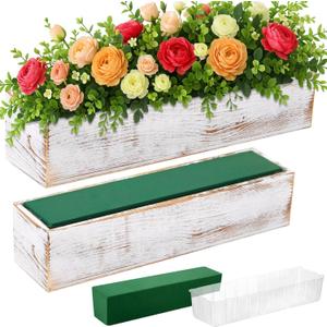 Dandat 2 Set Wood Boxes for Centerpieces 16x4 Inch Rectangle Wooden Planter Box Rustic Wooden Planters with Removable Plastic Liner Floral Foam Blocks for Christmas Wedding Home Garden Decor(White)