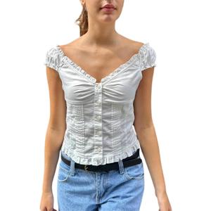 Women's Summer Button Down Crop Tops Cap Sleeve Y2k Slim Fitted Shirts Babydoll Coquette Tops Blouse (White, S)