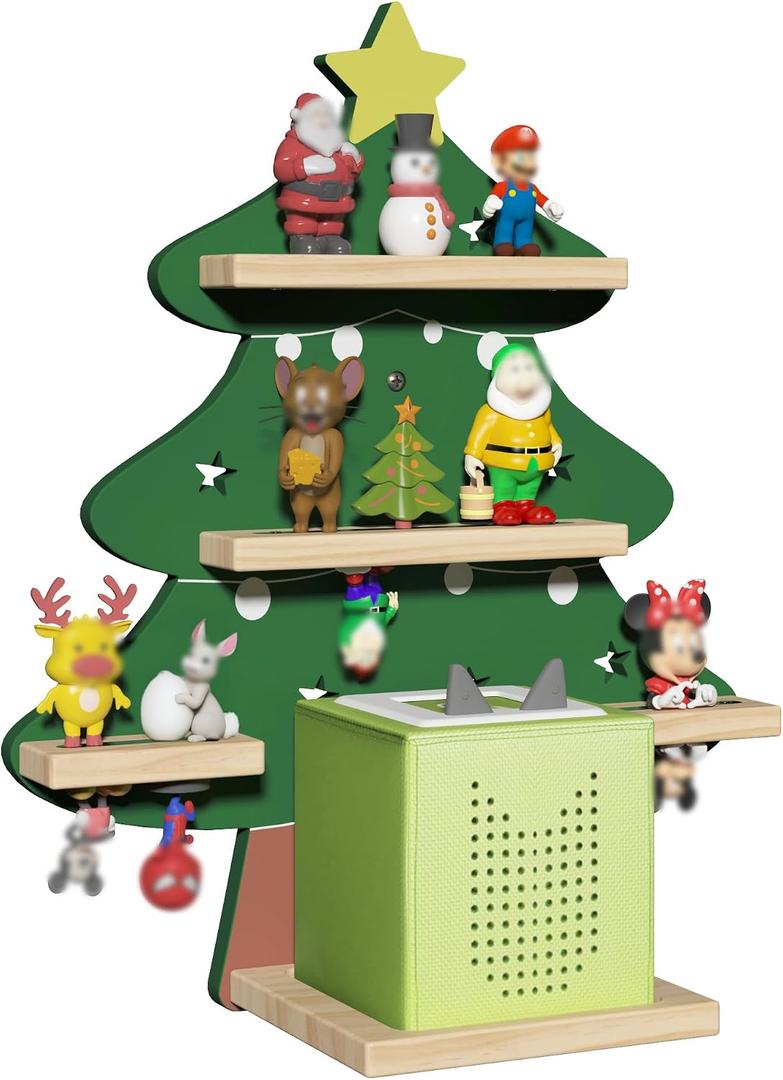 Green Christmas Tree Tonies Shelf Wall Mounted - Tonies Wall Shelf for Toniebox, Charging Station, Magnetic Wood Display Floating Shelves for Tonie Figures Storage