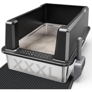 Tripamin XXL Stainless Steel Litter Box with High Sides 26"x18"x12" Extra Large Metal Litter Box for Big Cats & Multiple cat, Jumbo Top Entry Litter Pan with lid (Black, XX-Large)