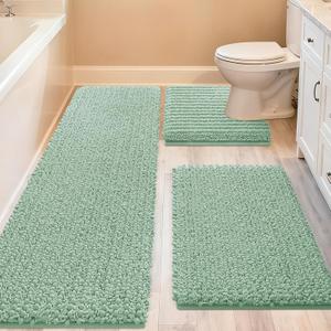 ACCUMTEK Upgrade Extra Large Sage Bathroom Rug Set 3 Pieces Ultra Soft, Thick Absorbent Bath Mats, Non Slip Chenille Toilet Mat for Bathroom, Bedroom, Kitchen, Mint (4'1'8"+ 2'x1'5"+ U Shape 1'8"x2')