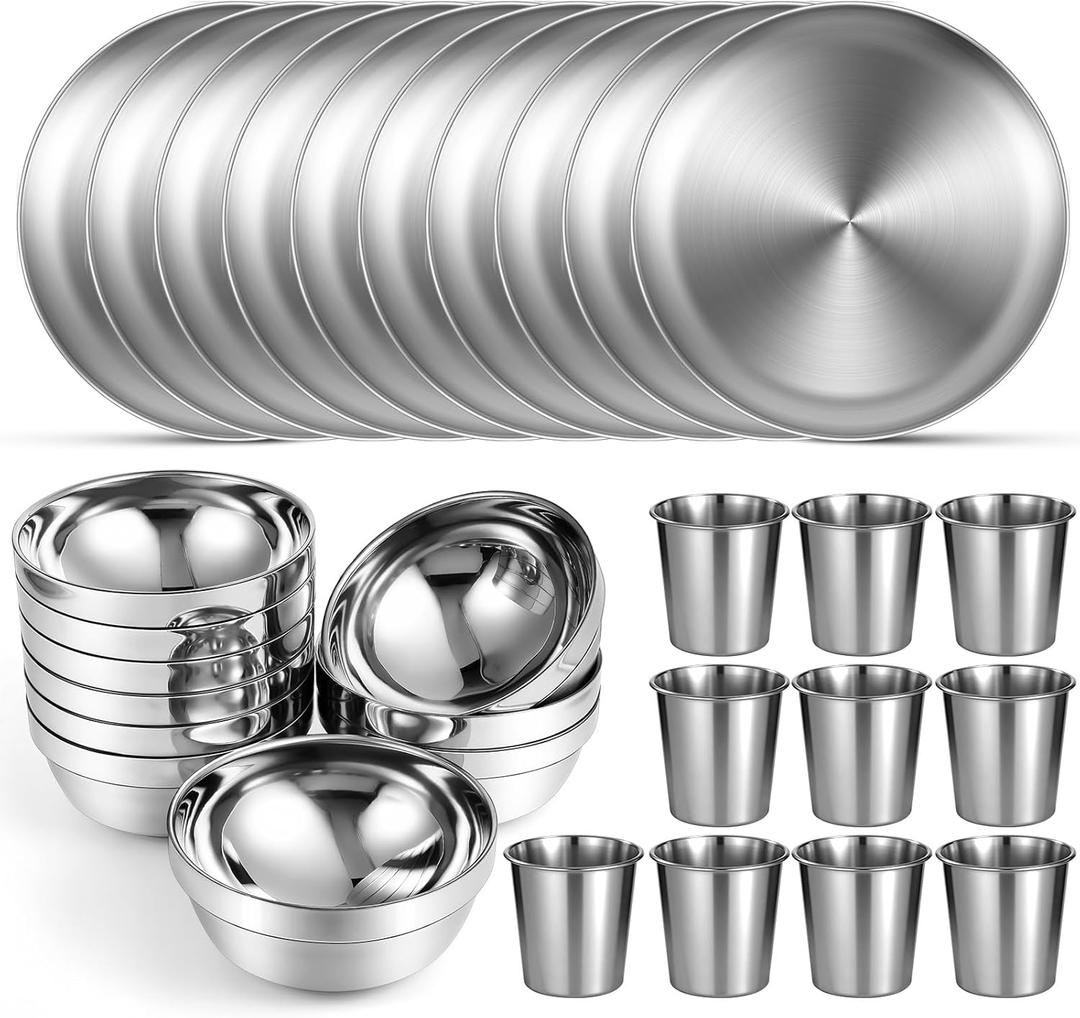 Sunnyray 10 Sets Stainless Steel Plates Bowls and Cups 304 Metal Camping Stainless Steel Dinnerware for Serving Reusable Double Walled Insulated Plates Bowls and Cups for Rice Ice Cream