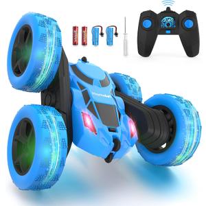 Remote Control Car for Kids, 360 Rotating RC Stunt Car Double-Sided 4WD Electric Vehicle with LED Lights, 2.4GHz Rechargeable Toy Cars for Boys Girls Age 6 7 8 9 10 11 12, Birthday Gift (Blue)