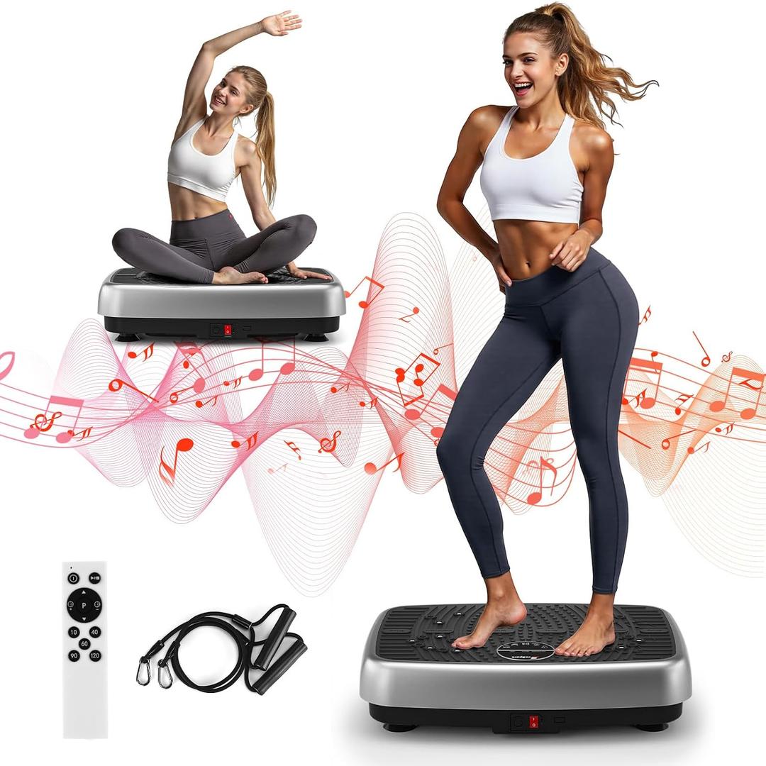 Vibration Plate Exercise Machine, Powerful Dual Motor Vibration Plate for Lymphatic Drainage & Speaker with Music, Magnetic Massage, Weight Loss & Full Body Workout, Resistance Bands, 450Lbs Capacity