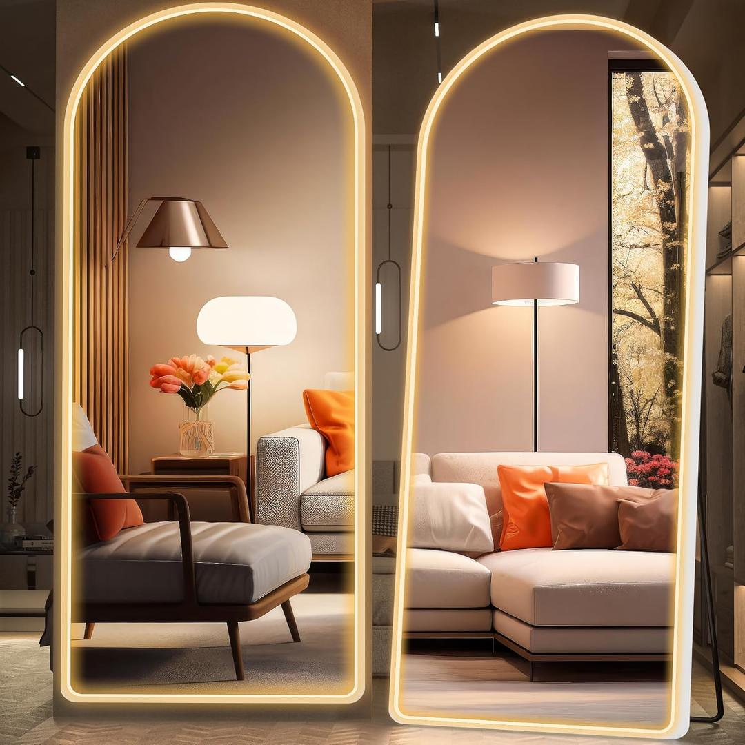 Hasipu Arched Full Length Mirror with Lights, 71" X 28" Lighted Full Body Mirror with Stand, Dimming 3 Colors & Brightness Adjustable, Bedroom Cloakroom Living Room, White Modern Arch Metal Frame