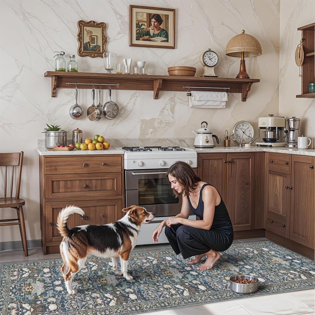 Washable 2x8 Hallway Runner Rug: Vintage Water-Resistant Kitchen Entryway Rug Ultra Soft Living Room Bedroom Carpet Non Slip Indoor Low Pile Floor Mat for Bathroom Dining Room(2x8,Floral/Blue)