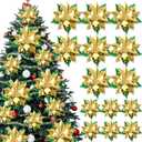 12 Pcs Christmas DIY Poinsettia Artificial Paper Flower Decor for Christmas Tree Ornaments Craft Wall 3D Paper Poinsettia Flower Wreath Decoration for Xmas Holiday Party(Gold)