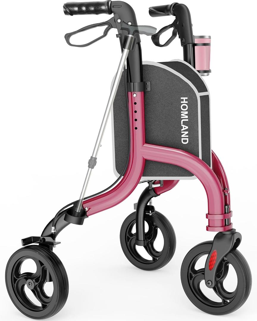 3 Wheel Walkers for Seniors, FSA/HSA Eligible Foldable Wheeled Rollator with Cane Hold and Cup Hold, Lightweight Three Wheel Rolling Walker Height Adjustable for Seniors (Red)