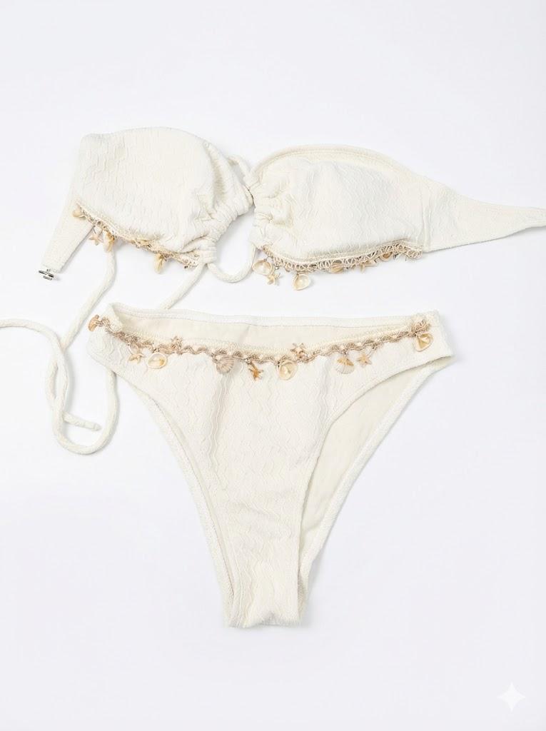 Sexy Bikini Sets for Women Seashell Halter Tie Back Two Piece Swimsuit Color Block Triangle Bathing Suit, Small, Off White 