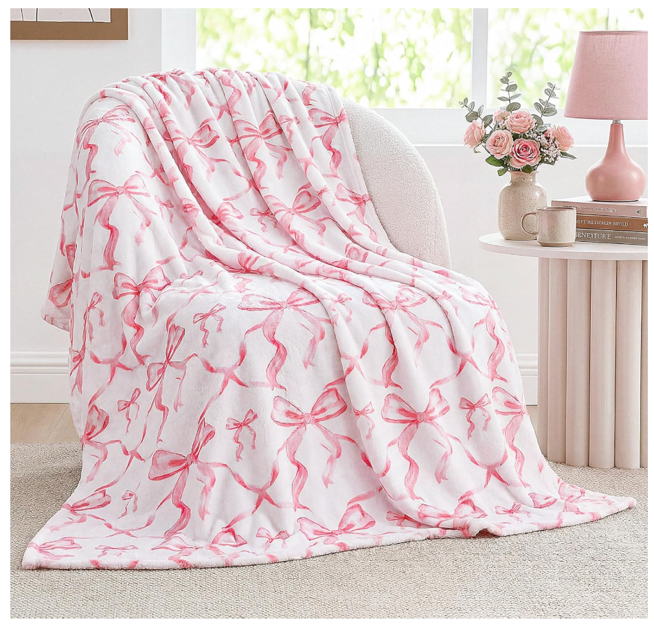 Pink Bow Throw Blanket 50"x60" Ultra Soft Flannel Coquette Aesthetic Blanket for Girls Women Preppy Room Decor for Bed Sofa Spring Wedding Mother's Day Graduation Back to School Gift