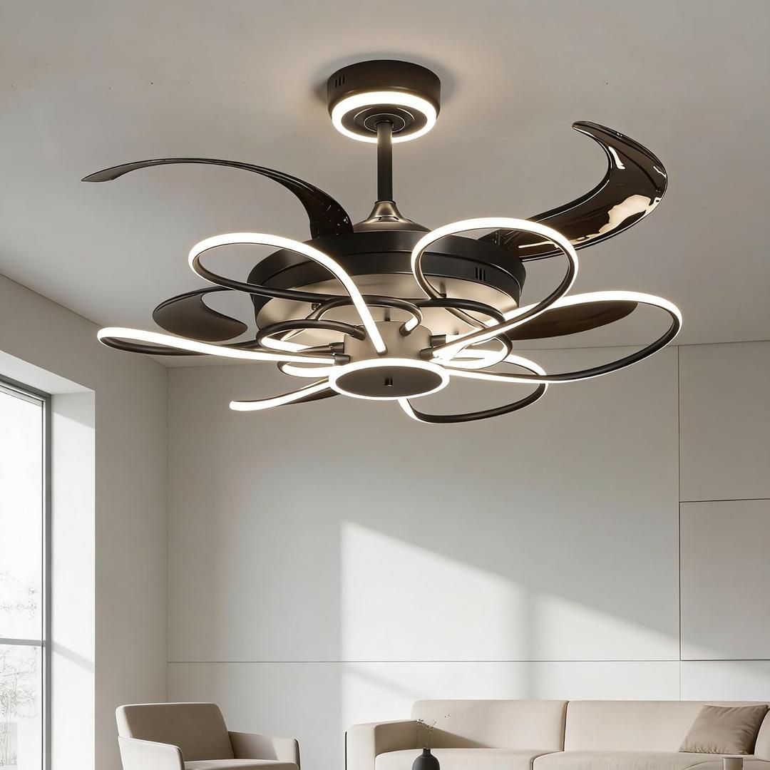 48" Ceiling Fan with Light and Remote Control DC Motor 6 Speeds Fans Ceiling Lamp 3 Color Change Reversible Blade Flower Lamp for Living Room Bedroom Office Study Room