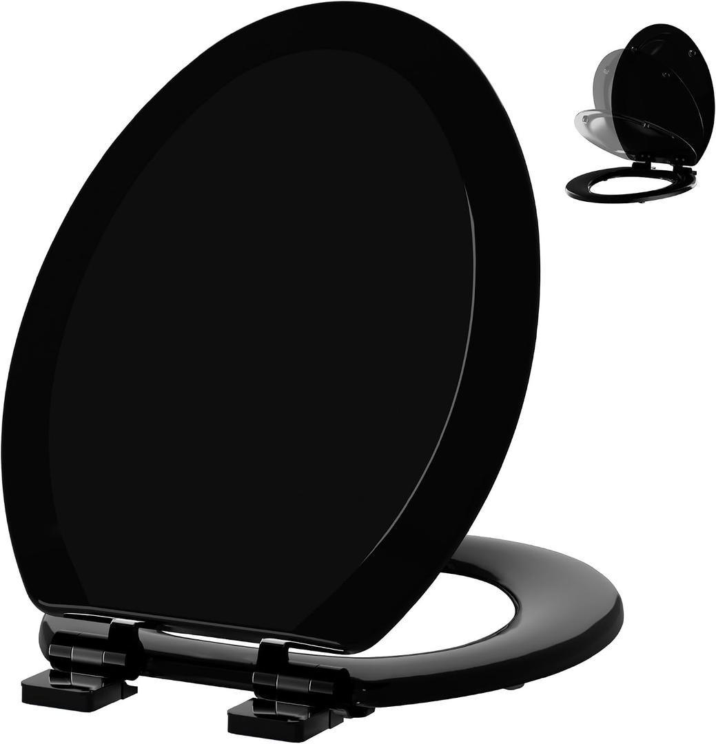 Angol Shiold Quiet-Close Molded Wood Toilet Seat with Non-Slip Adjustable Hinges, Anti-Pinch Bumpers, Easy Install & CleanBlack, Elongated 18.5''