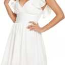 Surplice V Neck Dress for Women 2023 Sleeveless Ruffle Shoulders A-Line Flowy Dresses with Smocked Back (White, M)