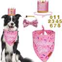 PTDECOR Dog Birthday Party Supplies, Multi Size Birthday Girl Bandana, Pink Crowns Hat Set for Large Pets (Large)