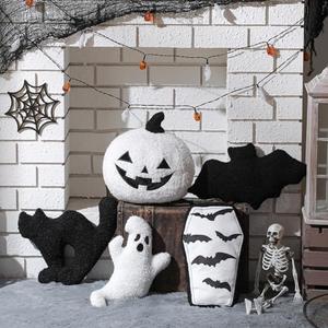 Beeveer 4 Pcs Halloween Shape Pillow Spooky Ghost Plush Soft Bat Coffin Cushion Pumpkin Throw Pillow for Halloween Party Friends Children Gift Living/Dining Room