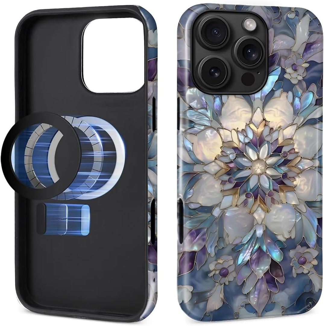 DAIZAG Case for iPhone 16 Pro, Compatible with MagSafe, Magnetic Phone Glossy Cover,Hybrid Heavy 2 in 1 Full Body Rugged Shockproof-Stained Glass Christmas Iridescent Snowflake