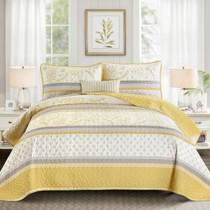 DJY Striped Quilt Set Queen Size, Yellow Grey Boho Striped Patchwork Leaves Printed Bedspread Coverlet Set 3 Pieces Soft Lightweight Microfiber Quilted Bedding Set for All Season (96"x90")