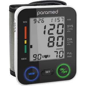 PARAMED Automatic Wrist Blood Pressure Monitor: Blood-Pressure Kit of Bp Cuff + 2AAA and Carrying case - Irregular Heartbeat Detector & 90 Readings Memory Function & Large Display
