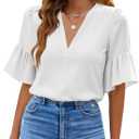 Bingerlily Womens Summer V Neck Blouses Tops Chiffon Ruffle Short Sleeve Shirs White