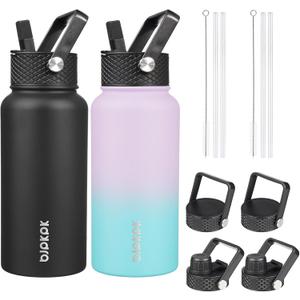 BJPKPK 2 Pack Insulated Water Bottles with Straw Lids, 27oz Stainless Steel Metal Water Bottle with 6 Lids, Leak Proof BPA Free Jugs, Cups, Flasks for Travel, Sports (Lavender Green+Black)