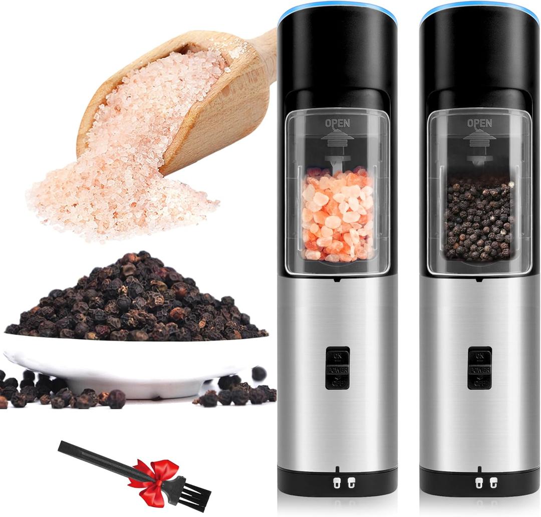 Gravity Electric Pepper and Salt Grinder Set of 2 Pack, One Hand Automatic Shakers Mill, Adjustable Coarseness, Battery Powered with LED Light, Brushed Stainless Steel Perfect for Kitchen