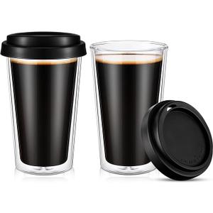 Honeydak 2 Pack 12 oz Double Walled Glass Coffee Mugs with Silicone Lids Clear Insulated Drinking Cups Reusable Glass Iced Coffee Cups for Home Office and Travel