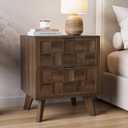 Smuxee Walnut Wooden Nightstand with 2 Drawers, Mid Century Night Stand with Embossed Checkerboard Doors, Bedside Table with Solid Feet, Modern End Side Table for Bedroom