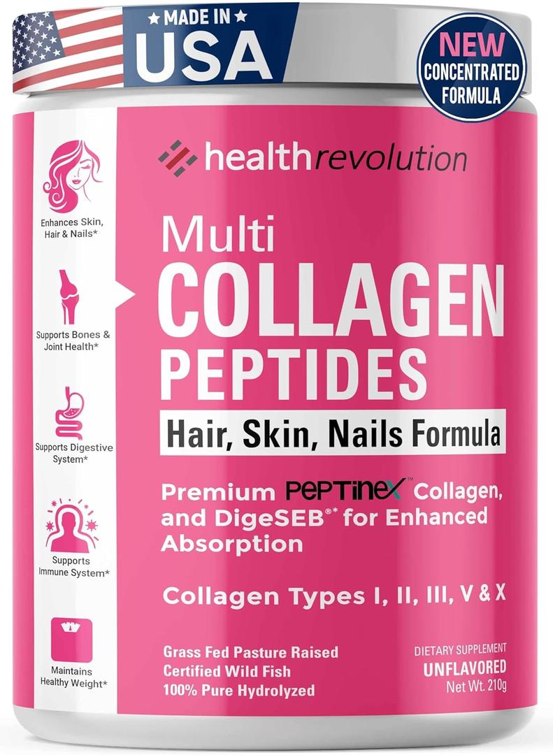 Multi Collagen Peptides Powder  Types I, II, III, V, X, Hydrolyzed Collagen for Women, 99% Absorption, Skin Hair Nails Joints, Triple Refined - No Clumping, Non-GMO, Gluten Free, Grass Fed Unflavored, Exp: 04/2026