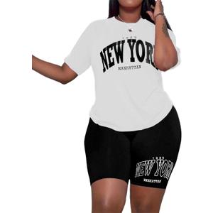 Hilinker Womens Letter Graphic 2 Piece Outfits Summer Casual Short Sets Workout Sweatsuits White Black New York X-Large