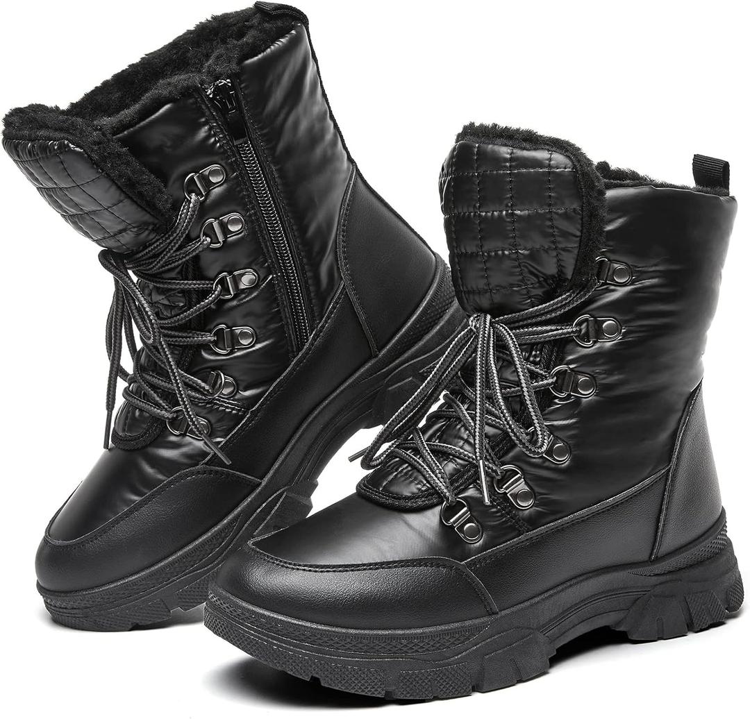 Rominz Womens Winter Snow Boots with Zipper Warm Fur Lined Mid Calf Ankle Booties for Women Comfortable Outdoor Anti Slip Boots (9, Black)