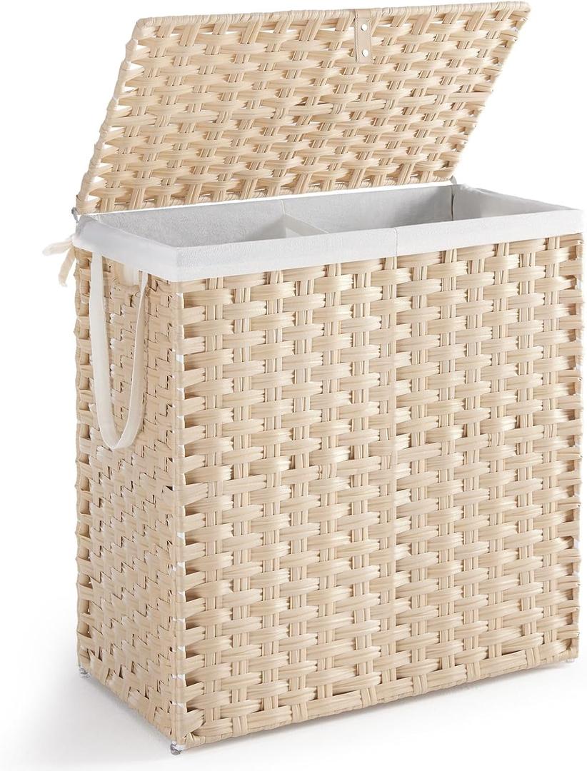 DUMOS Laundry Basket with Lid, 110L Wicker Laundry Hampers, Summer Sand
