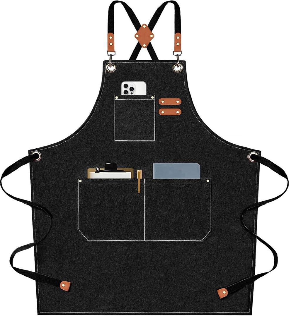 AFUN Chef Aprons for Men Women with Large Pockets, 16-Ounce Cotton Canvas Cross Back Heavy Duty Work Apron (Black)