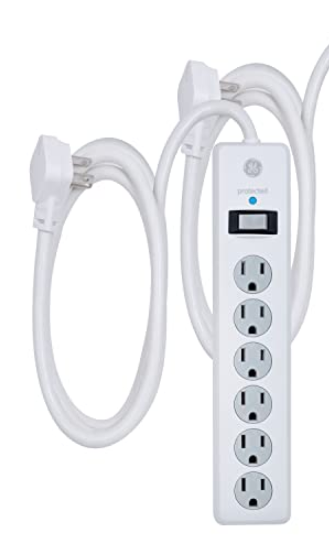 GE 6-Outlet Surge Protector, 1 Pack, 6 Ft Extension Cord, Power Strip, 800 Joules, Flat Plug, Twist-to-Close Safety Covers, Protected Indicator Light, ETL Listed, White, 54638