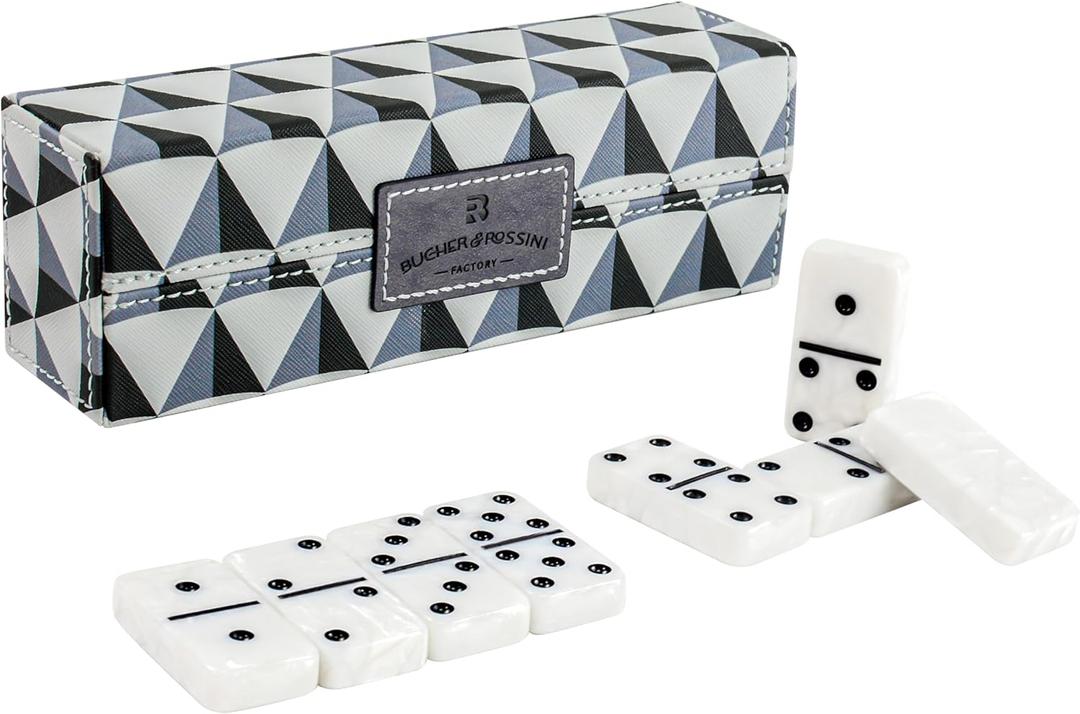 Dominos Set for Adults, Double 6 Domino Set, 28 Jumbo Marbleized White Tiles, Dominoes Set for Adults and Kids - Classic Board Games for Family & Travel (in Rhomb Pattern Leather Case)