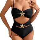 Verdusa Women's Hollow Out One Piece Backless Swimsuit Ruched Sleeveless Bathing Suit (Black) Small 