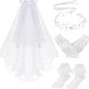 3 Pcs First Communion Veil Set Gloves Headpiece for Girls 1st Holy Communion Accessories for Wedding Party Costume (White)