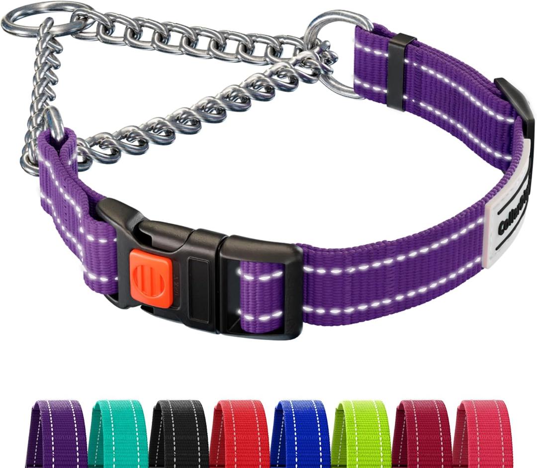 CollarDirect Martingale Dog Collar with Stainless Steel Chain and Quick Release Buckle - Reflective Collar for Large, Medium, Small Dogs - Purple, Medium (Neck Size 14"-17")