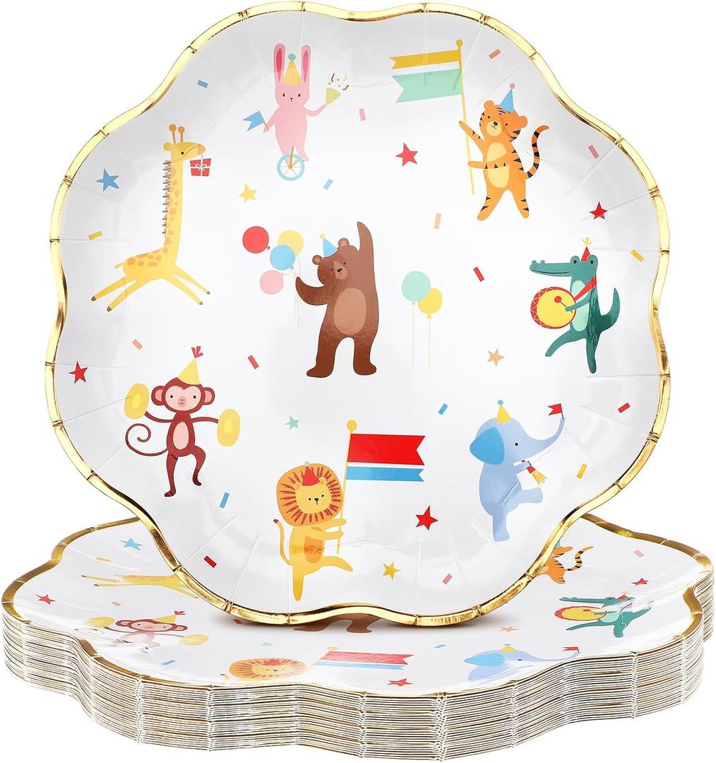 Maxdot 25 Pack Animal Parade Party Plates, 9 Inch Disposable Paper Plates Scalloped with Cute Jungle Safari Animal Design, Fit for Birthday, Baby Shower, Kids Party, Zoo Theme Celebration