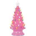 Lakumu 16.5" Table Top Christmas Tree, Hand Painted Resin Christmas Tree with Lights, Pre-lit Xmas Tree Decor Lighted Tabletop Decoration with Multicolored LED Bulbs, Ceramic-Like Finish, Pink