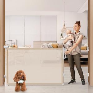 76'' Retractable Baby Gates Extra Wide, Mesh Long Dog Gate for Wide Openings, Indoor Outdoor Stair Gate for Doorways Hallways Deck Porch, Child Pet Safety Essentials for Home, Beige