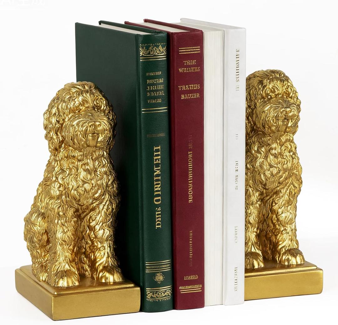 Poodle Decorative Bookends for Shelves, Dog Book Ends for Heavy Books, Toy Poodle Statues Bookends for Heavy Books with Anti-Slip Base Book Holders for Home Office Decor (Gold)
