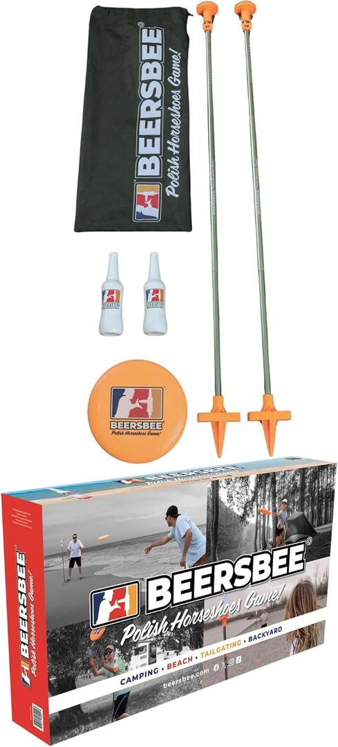 Beersbee Polish Horseshoes Flying Disc Target Bottle Drop Adult Lawn Game- Camping, Backyard, Beach, Tailgating, Party Games, Bottle Battle Bash